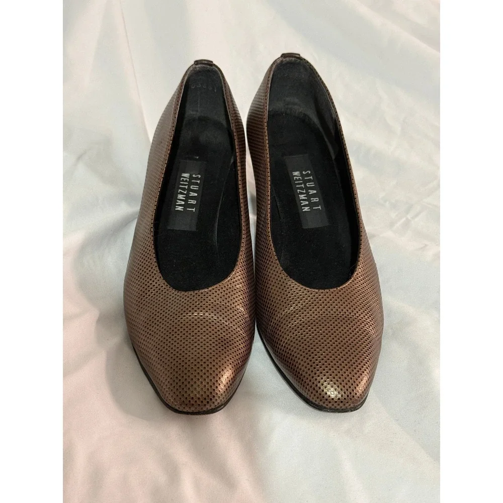 VTG Stuart Weitzman Bronze Metallic Eel Skin Block Heel Pumps Size 8 B Spain